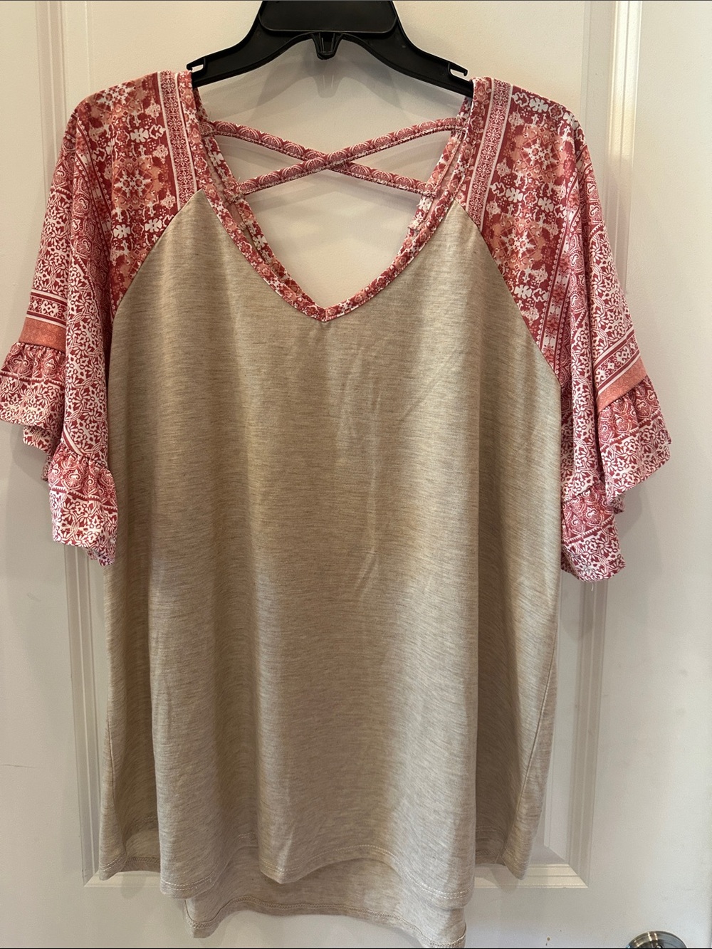 Absolutely Famous Taupe Top with Rose Pink Floral Raglan Sleeves